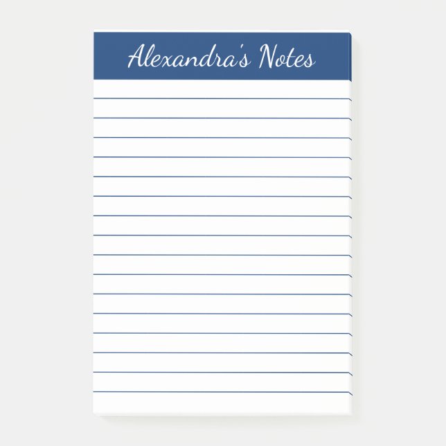 Simple Elegant Navy Lined Personalized Post-it Notes (Front)
