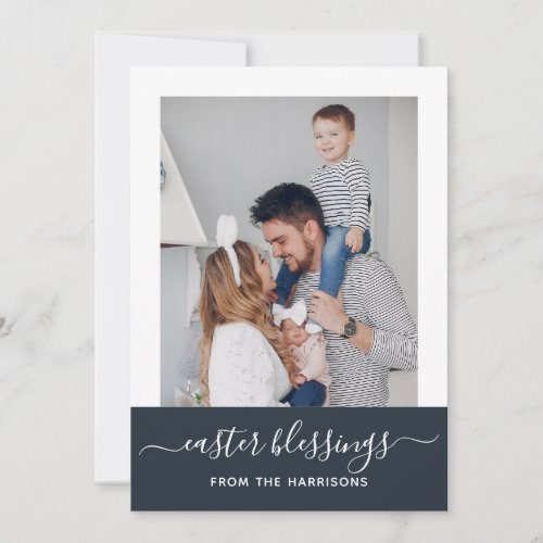 Simple Elegant Navy Script Family Photo Easter Holiday Card