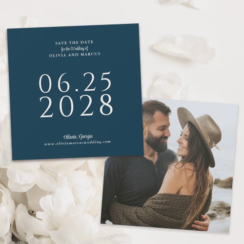 Simple Elegant Navy Square Save the Date and Photo