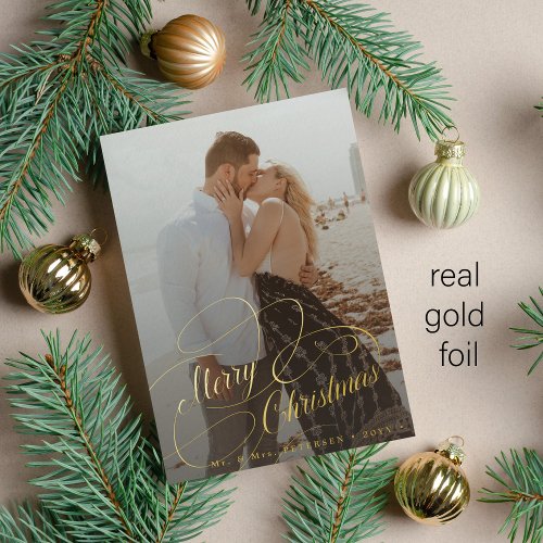 Simple elegant newlywed Merry Christmas gold Foil Holiday Card