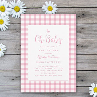 Simple Elegant Oh Baby Pink Gingham Baby Shower Invitation
