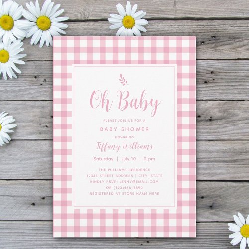 Simple Elegant Oh Baby Pink Gingham Baby Shower Invitation