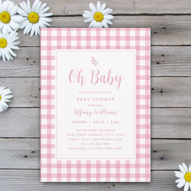 Simple Elegant Oh Baby Pink Gingham Baby Shower Invitation (Creator Uploaded)