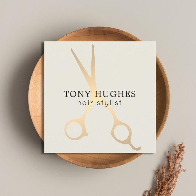 Simple Elegant Old White Gold Scissors Hairstylist Square Business Card (Creator Uploaded)
