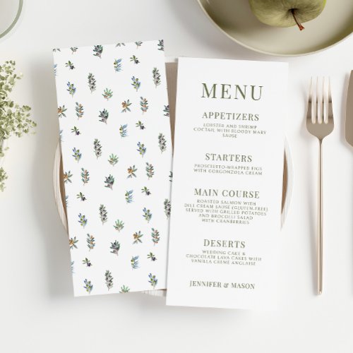 Simple elegant olive branches boho wedding menu