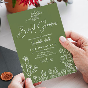 Simple Elegant Olive Green Branches Bridal Shower Invitation