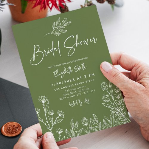 Simple Elegant Olive Green Branches Bridal Shower  Invitation