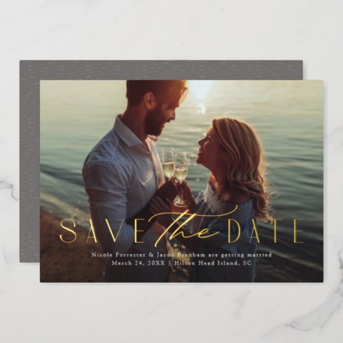 Simple elegant one photo modern type save the date foil invitation