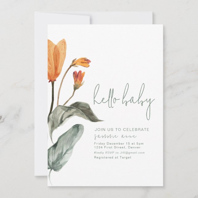 Simple Elegant Orange Flower Baby Shower Invite (Front)