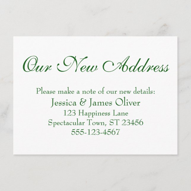 Simple Elegant Our New Address Deep Green on White Enclosure Card (Front)