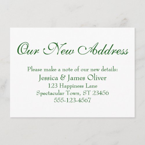 Simple Elegant Our New Address Deep Green on White Enclosure Card