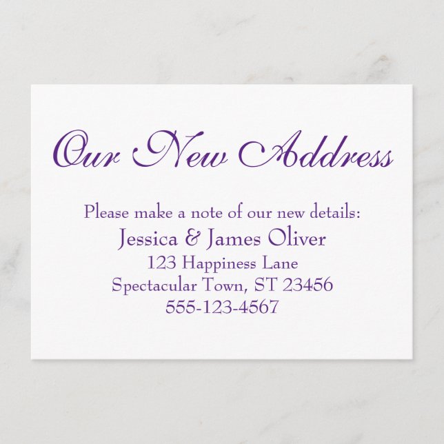 Simple, Elegant Our New Address Purple on White Enclosure Card (Front)