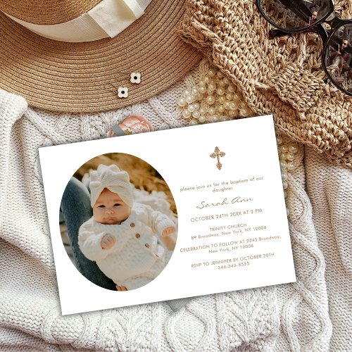 Simple Elegant Oval Gold Cross Baby Photo Baptism Invitation