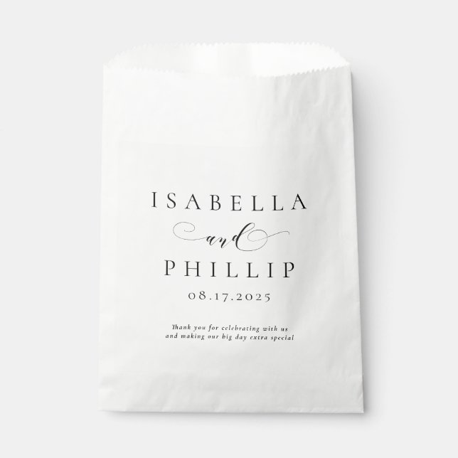 Simple elegant personalized black white wedding favor bag (Front)