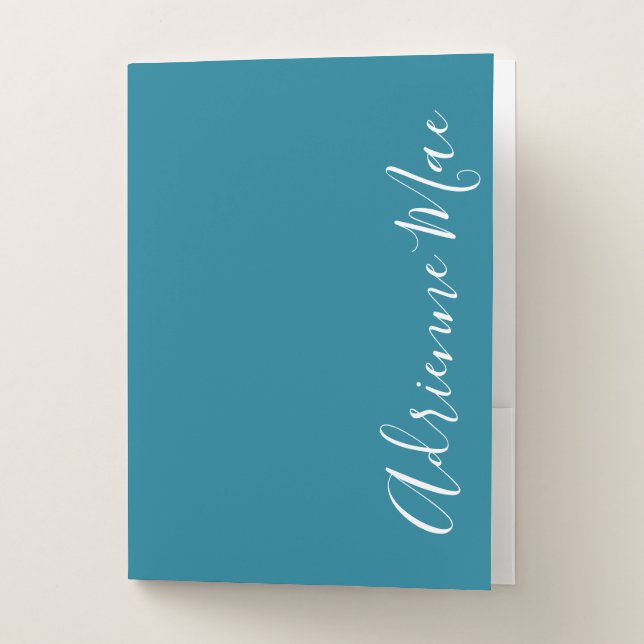 Simple Elegant Personalized Teal Blue & White Pocket Folder (Front)