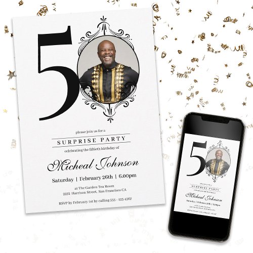 Simple Elegant Photo 50th Birthday Surprise Party  Invitation