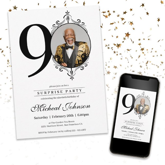 Simple Elegant Photo 90th Birthday Surprise Party Invitation (Simple Elegant Photo 90th Birthday Surprise Party Invitation)