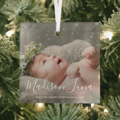 Simple Elegant Photo Babys First Christmas Glass Ornament