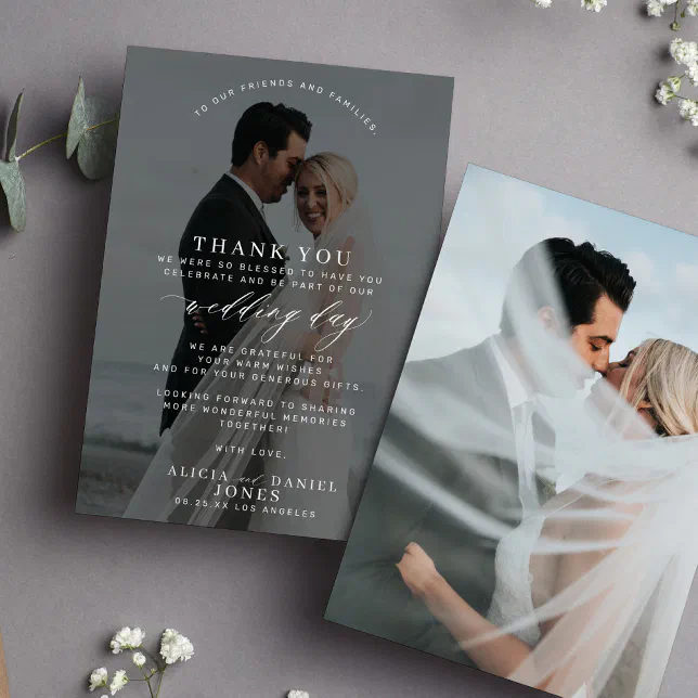 Simple elegant photo black and white wedding thank you card | Zazzle