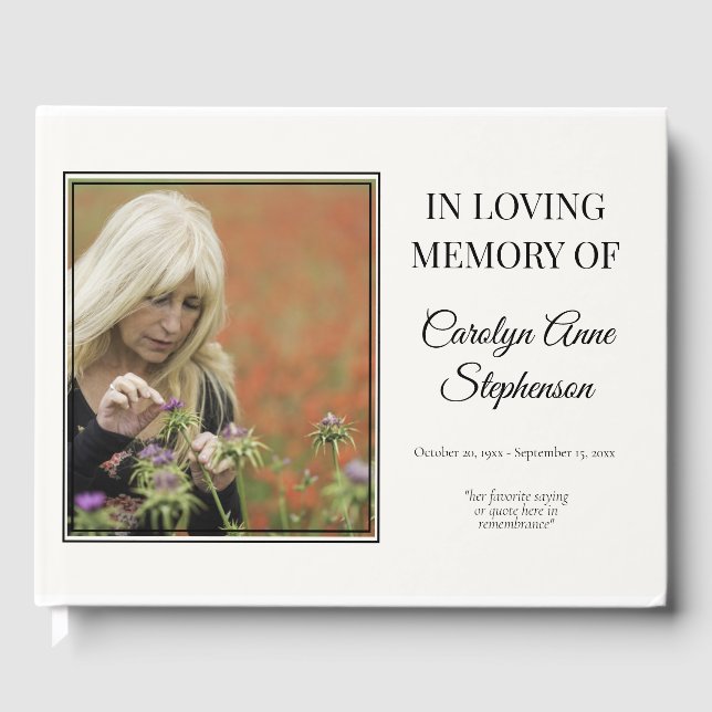 Simple Elegant Photo Black Bereavement | Funeral Guest Book (Front)