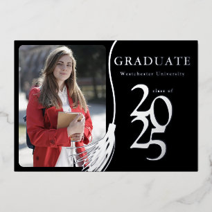 Simple Elegant Photo Black White Graduation Foil Invitation