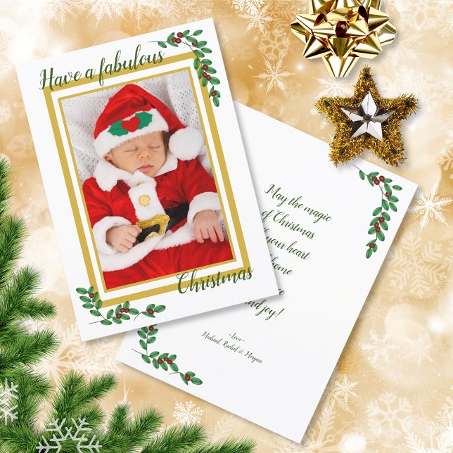 Simple Elegant Photo Christmas Xmas Red Berries Holiday Card (Creator Uploaded)
