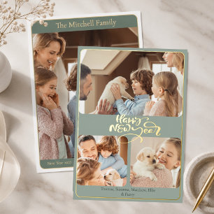 Simple Elegant Photo Family Happy New Year Gold Foil Holiday Card