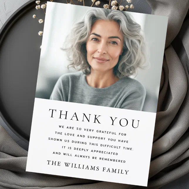 Simple elegant photo funeral sympathy thank you card | Zazzle