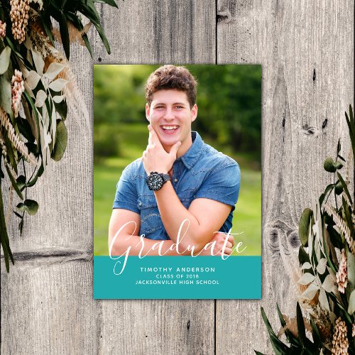 Simple Elegant Photo Graduation Vertical  Teal Invitation