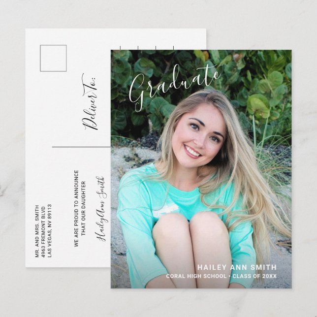 Simple Elegant Photo Modern Graduation Announcement Postcard (Front/Back)