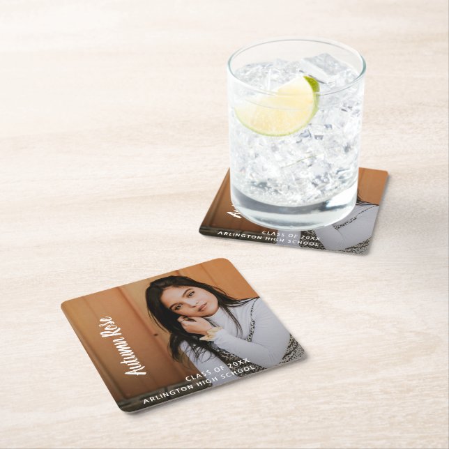 Simple Elegant Photo Modern Graduation Square Paper Coaster (Insitu)