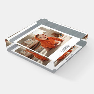 Simple Elegant Photo Name Square Glass Paperweight