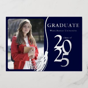 Simple Elegant Photo Navy Blue Graduation Party Foil Invitation
