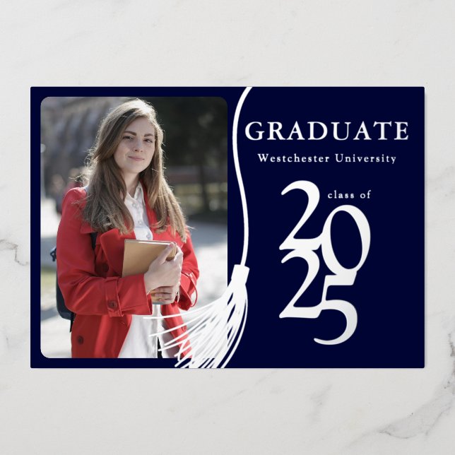 Simple Elegant Photo Navy Blue Graduation Party Foil Invitation (Front)