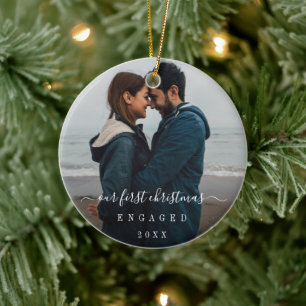 Simple Elegant Photo Our First Christmas Engaged Ceramic Ornament