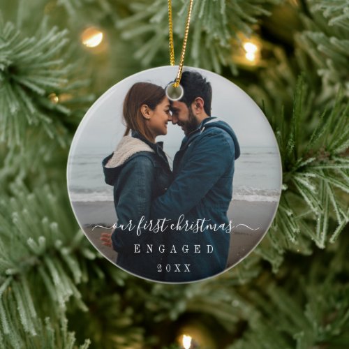 Simple Elegant Photo Our First Christmas Engaged Ceramic Ornament