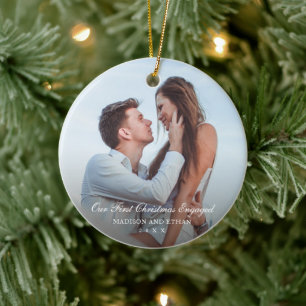 Simple Elegant Photo Our First Christmas Engaged Ceramic Ornament