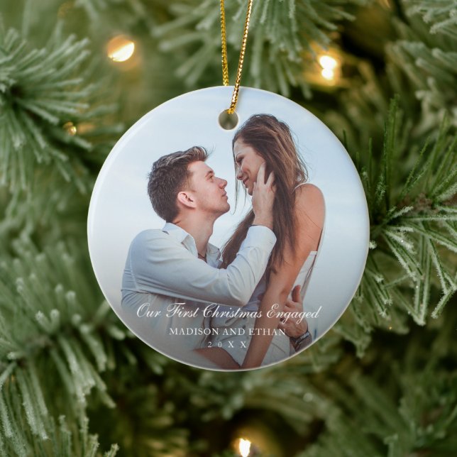 Simple Elegant Photo Our First Christmas Engaged Ceramic Ornament (Tree)