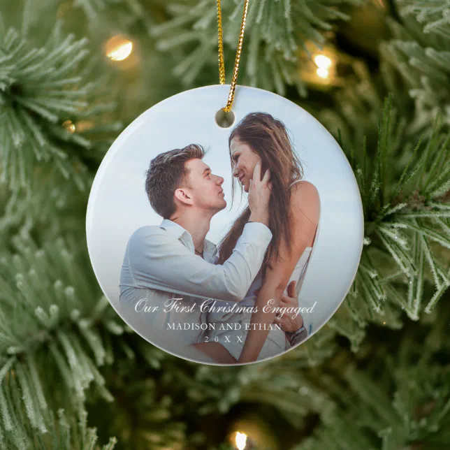 Simple Elegant Photo Our First Christmas Engaged Ceramic Ornament | Zazzle