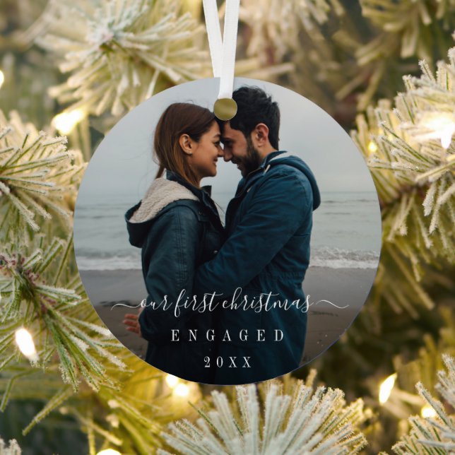 Simple Elegant Photo Our First Christmas Engaged Metal Ornament (Insitu)