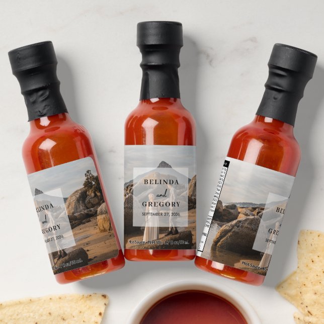 Simple Elegant Photo Overlay Script Wedding Favor Hot Sauces (Laydown)