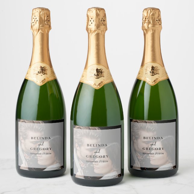 Simple Elegant Photo Overlay Script Wedding Favor Sparkling Wine Label (Bottles)
