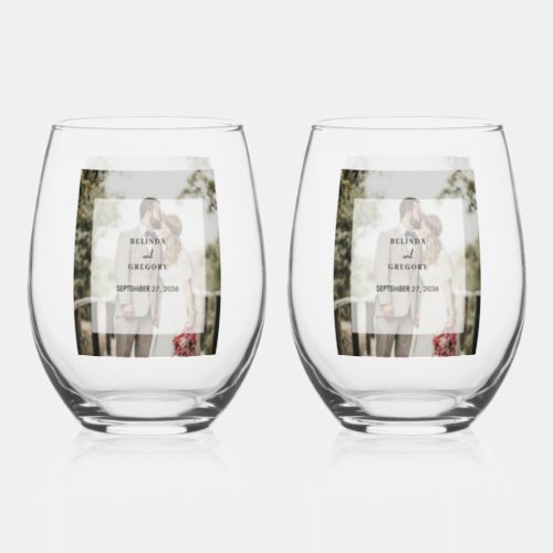 Simple Elegant Photo Overlay Script Wedding Stemless Wine Glass
