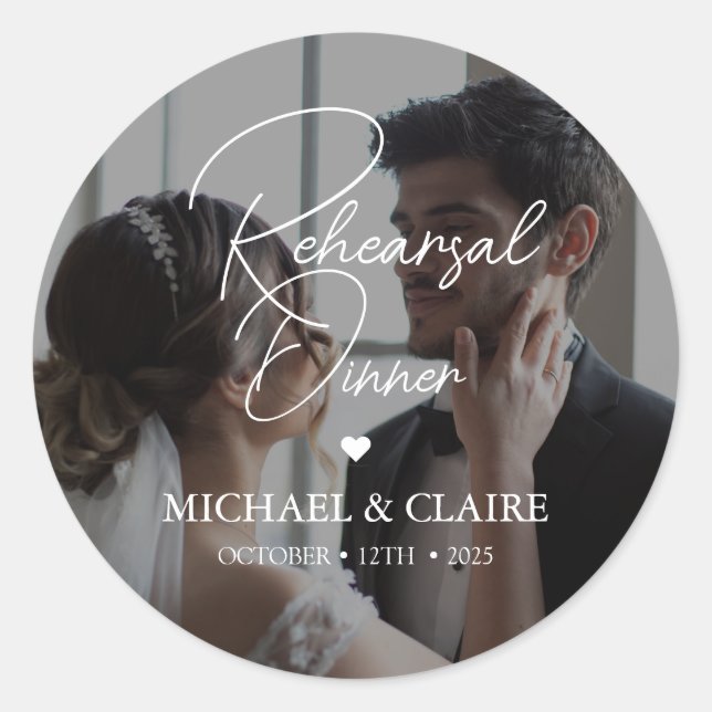 Simple Elegant Photo Rehearsal Dinner Wedding Classic Round Sticker (Front)
