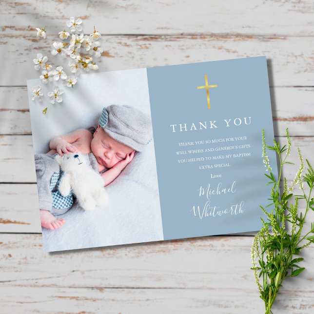 Simple Elegant Photo Signature Script Baptism  Thank You Card (Creator Uploaded)