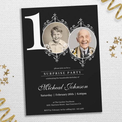 Simple Elegant Photo Surprise 100th Birthday Party Invitation