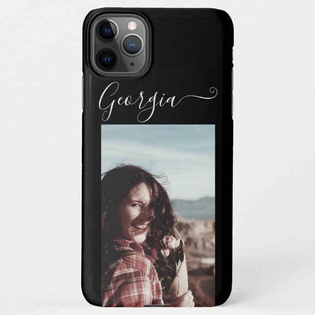 Simple Elegant Photo Template Custom Name Black iPhone Case (Back)