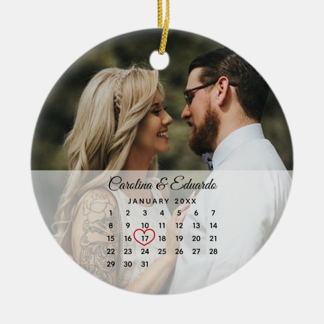Simple Elegant Photo Wedding Anniversary Calendar Ceramic Ornament (Front)