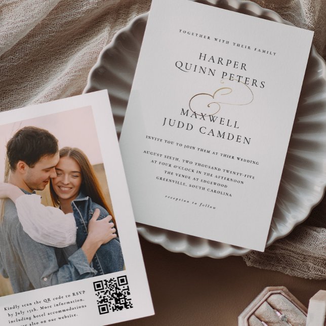 Simple Elegant Photo Wedding Invitation (Elegant Typography Black and White with Gold Photo Wedding Invitation with QR code.)