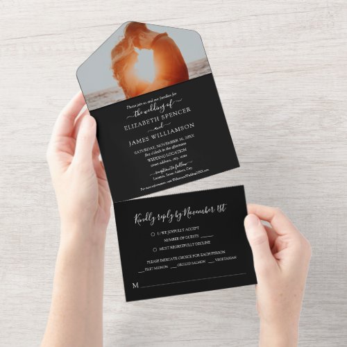 Simple Elegant Photo Wedding RSVP Black and White All In One Invitation